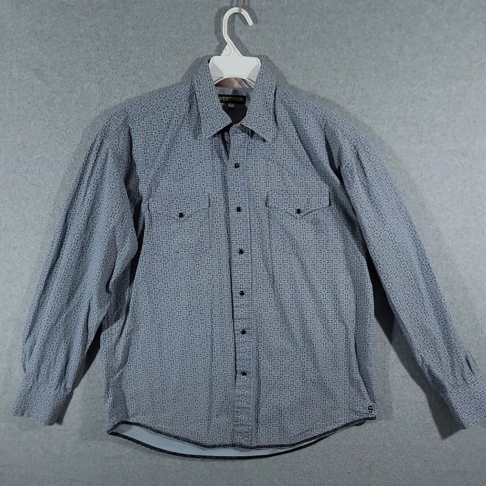 Stetson Shirt Geometric Pearl Snap Men L Blue Western Rugged Outdoor Cowboy